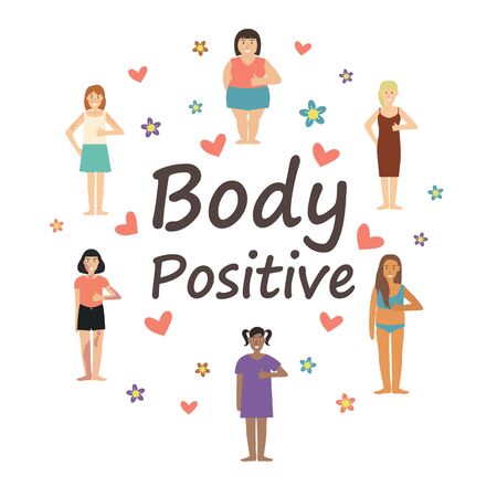Multiracial women of different figure type and size dressed in comfort wear. Female cartoon characters with text. Body positive movement and beauty diversity. Vector illustrationのイラスト素材