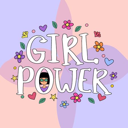 Girls power  lettering with girly doodles and hand drawn flowers and hearts for feminism concept design, girl's t-shirt print. Color vector illustration on modern backgroundのイラスト素材