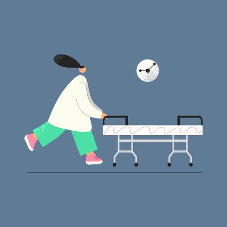 Running doctor with stretcher hand drawn color illustration. Women in special clothes modern characters. Medical emergency conceptのイラスト素材
