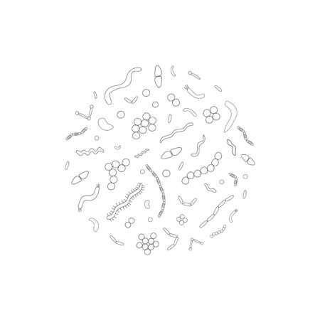 Group different types of bacterias on white background. Simple black outline bacterias. Vector illustrationのイラスト素材