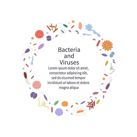 Colorful background with different dangerous viruses and bacteria. Template with text  for web design and print. Vector illustrationのイラスト素材