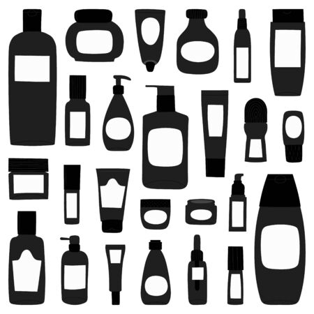 Big collection templates of empty and clean grey plastic containers: bottles with spray, cream jar, tube. Flat design of cosmetic package. Hand drawn Vector Illustration.のイラスト素材