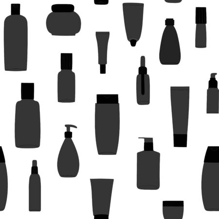 Seamless pattern with empty and clean grey plastic containers: bottles with spray, cream jar, tube. Flat design background with cosmetic package. Hand drawn Vector Illustration.のイラスト素材