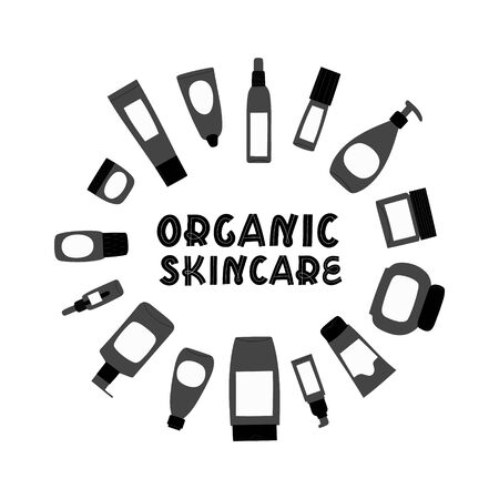 Round frame with empty and clean grey plastic containers: bottles, spray, cream jar, tube and text Organic skincare. Flat design of cosmetic package. Hand drawn vector Illustration.のイラスト素材
