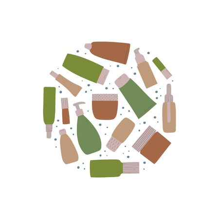 Web design with empty and clean containers: bottles, spray, cream jar, tube and copy space. Cosmetology and dermatology concept. Hand drawn flat vector Illustration.のイラスト素材