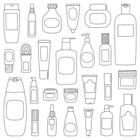 Big collection templates of empty and clean outline containers: bottles with spray, cream jar, tube. Flat design of cosmetic package. Hand drawn Vector Illustration.のイラスト素材