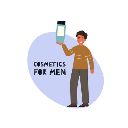 Cosmetology and dermatology concept. 
Handsome man holds a shower gel. Flat vector illustration. Web design for banner, poster and cardのイラスト素材
