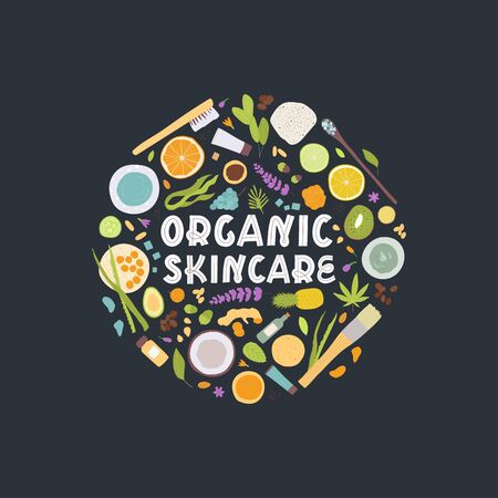 Spa treatment concept, flat lay composition with natural cosmetic products peeling and massage brushes. View from above with Organic skincare text. Vectorのイラスト素材