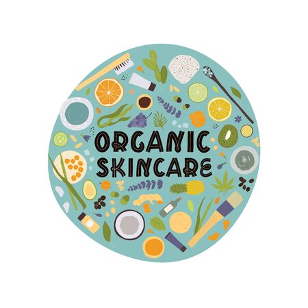 Spa treatment concept, flat lay composition with natural cosmetic products peeling and massage brushes. View from above with Organic skincare text. Vectorのイラスト素材