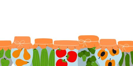 Banner for web site with jars for pickling vegetables and fruits. Preserving vegetables and fruits. Fermented food. Vegetarian food concept. Conservation of harvest.のイラスト素材