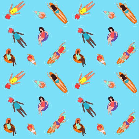 Seamless background with swimming multiracial women of different figure type and size. Female cartoon characters pattern. Body positive movement and beauty diversity. Vector illustrationのイラスト素材