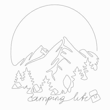 SIngle Line Camping Life Concept. One line drawing vector illustration.のイラスト素材