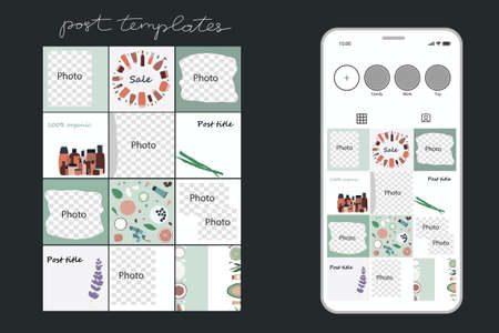 Trendy editable design backgrounds for social media banner. Set of post frame templates. Mockup for organic cosmetic shop or personal blog. Vectorのイラスト素材