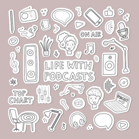 Podcasts concept clipart. Color flat icons for blogging and vlogging. Live streaming. Vector illustrationのイラスト素材