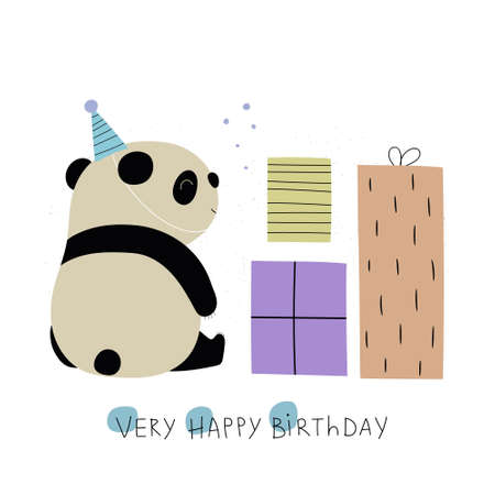 Hand drawn colorful kids birthday greeting card template. Cute panda with presents and text Happy Birthday. Flat vector illustrationのイラスト素材