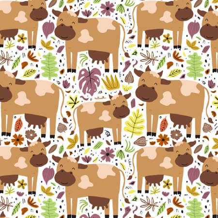 Vector seamless pattern with cute hand drawn cow, flowers and leaves. Childish texture for fabric, textile, apparel.のイラスト素材