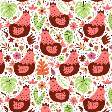 Seamless pattern with cute chicken, leaves and flowers. Domestic farm animals isolated on white background. Creative childish vector designのイラスト素材