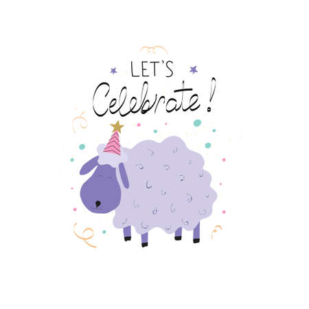 Hand drawn colorful kids birthday greeting card template. Cute sheep with confetti and text Let's Celebrate. Flat vector illustrationのイラスト素材