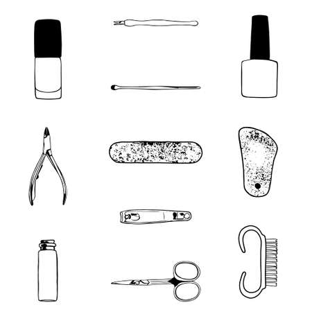 Collection with various manicure accessories, equipment, tools icons. Nail scissors, nail file, tweezers, nail polish, hand oil, polish remover, brush etc. Hand drawn silhouette vector setのイラスト素材