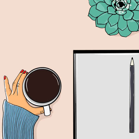 Top view of freelancer woman drinking coffee and notepad with copy space, placed on desk with flower. Mock up. Vectorのイラスト素材