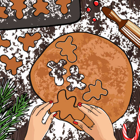 Christmas bakery. Woman making gingerbread, cutting cookies of gingerbread dough, view from above....