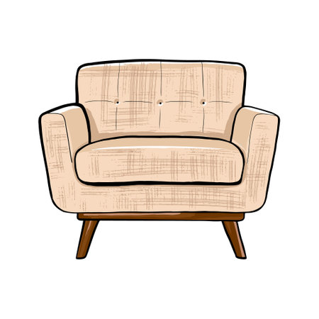 Classic modern beige armchair with wooden legs, quilted back isolated on white background. Stylish comfortable armchair. Furniture, interior object vector isolated. Baby sofaのイラスト素材