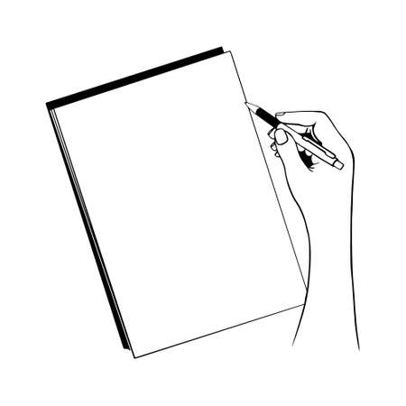 Top view of girl's hand writing in notepad with copy space isolated on white backgrounds. Vectorのイラスト素材