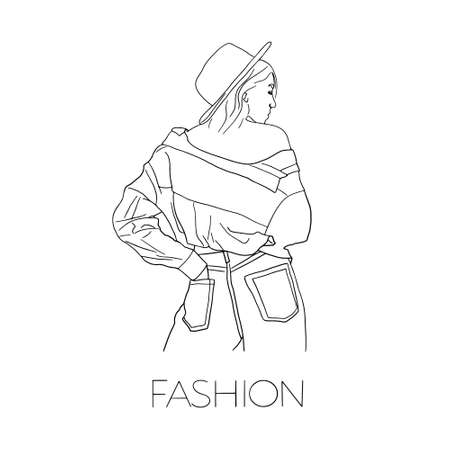 Hand drawn young woman with hands in pockets. Fashion girl in casual stylish clothes. Young woman. Sketch. Fashion illustration.のイラスト素材