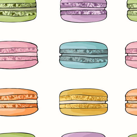 Flat lay, top view. Seamless pattern. French macaroons isolated on white background. Stack of colorful macaron, macaroon almond cakes, sweet and beautiful dessert. Vectorのイラスト素材