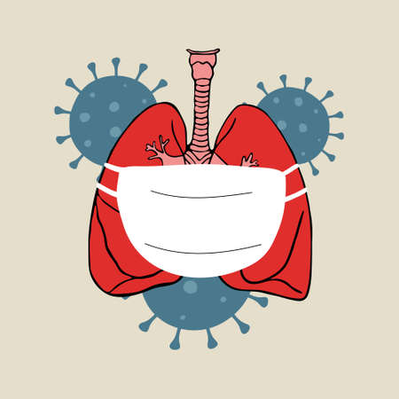 Vector illustration of virus with lungs in medical mask on white background. Pandemic and virus outbreaks. mask to fight against virus.Concept of fight against Many Virus attack.のイラスト素材