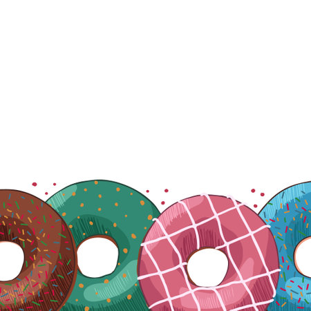 Cute tasty donuts Sweet summer desserts with different types isolated on White Background for cafe or restaurant. Vector banner with empty space.のイラスト素材