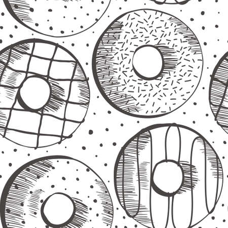 Seamless pattern with tasty donuts isolated on white background. Top View Donuts collection into glaze for menu design, cafe decoration, delivery box. Vector illustration in flat styleのイラスト素材