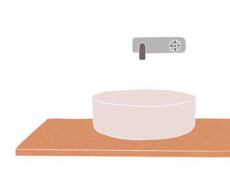 Modern ceramic white vessel sink on a on a wooden tabletop. Stylish overhead sink for bathroom and kitchen design. Vector illustration in flat style with empty spaceのイラスト素材