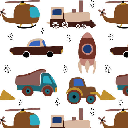 Seamless background with baby style cars, trains, helicopters, tractors and trucks. Pattern for baby shower party, greeting card, textile, wrapping. Vectorのイラスト素材
