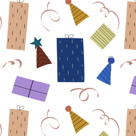 Seamless background with modern color gift boxes and party hats. Pattern for baby shower party,...