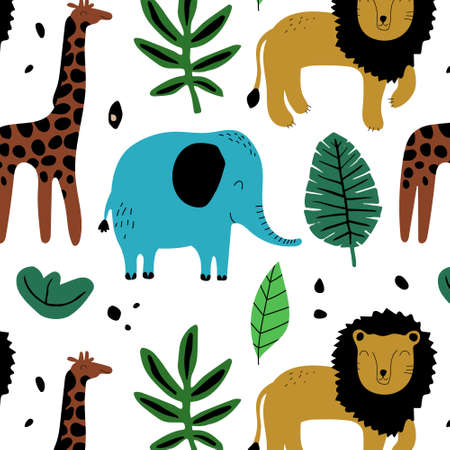 Seamless background with cute color lions, elephants, giraffes and leaves. Pattern for baby shower party, greeting card, textile, wrapping. Vectorのイラスト素材