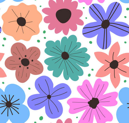 Seamless background with color flowers. Pattern for baby shower party, greeting card, textile, wrapping. Vectorのイラスト素材