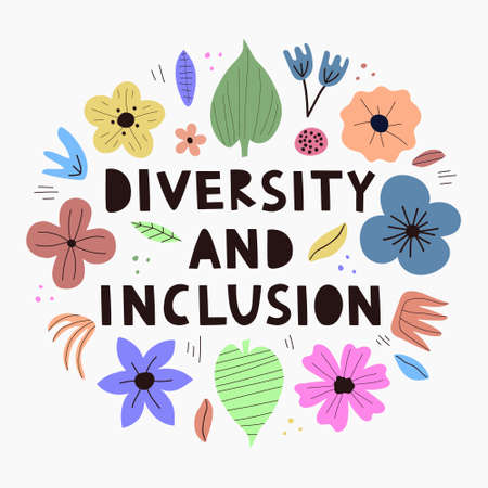 Web banner with lettering and different colors and sizes flowers. The concept of inclusion and diversity in society. vector flat designのイラスト素材