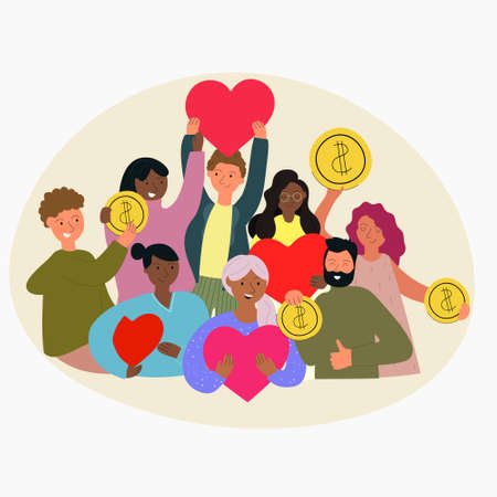 Group of people holding cash and hearts for charity and help. Give and share your money....