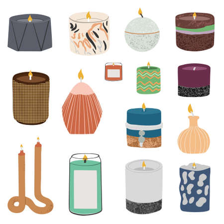 Scented candles color set. Modern aromatic decoration for cozy home interior. Candle Light collection. Flat vector illustrations isolated on white backgroundのイラスト素材