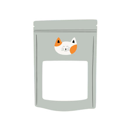 Pets feed, treats. cat goods. Feline animal products in packages. Flat vector illustration isolated on white backgroundのイラスト素材