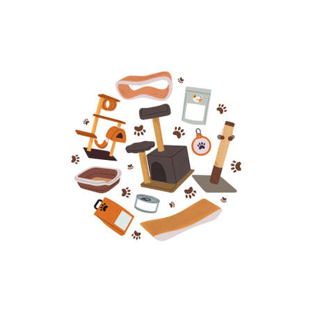 Card with cats food, goods, houses and supplies. Pets feeding, furniture, toys. Feline accessories, stuff. Vectorのイラスト素材