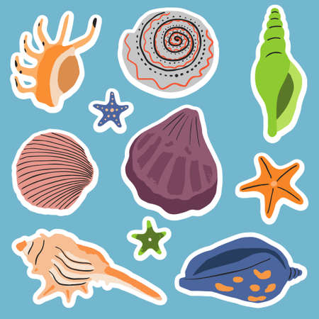 Stickers collection with sea underwater shells. Seashells, undersea molluscs. marine mollusks. flat vector designのイラスト素材