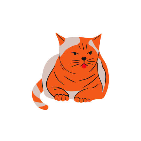 Cunning calm cat relaxing with tongue out. Red-headed cat home kitty lying, resting. Sleepy feline animal. Flat vector illustration isolated on white backgroundのイラスト素材