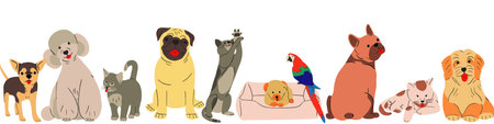 Vertical banner with cute domestic pets group portrait. Happy doggies, puppies of different breeds,...