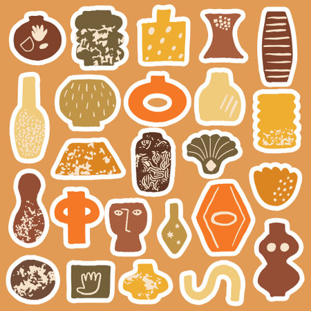 Stickers collection with Matisse design and organic texture. Abstract beige vases in boho style. Modern trendy template icons design. Vectorのイラスト素材