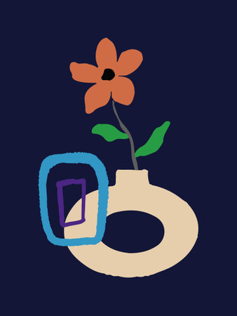 Illustration with exotic flower in abstract vase. Trendy design in matisse style. Minimalist shapes isolated on white background. vectorのイラスト素材