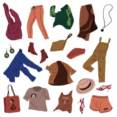 Fashion modern women clothes collection. Casual female garments and accessories. Coat, jumper, shirt, shoes, trousers, bag, shoes flying. Colored flat vector illustration isolated on white backgroundのイラスト素材