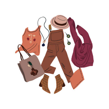 Round card with trendy modern women clothes collection. Casual female garments and accessories. Coat, jumper, shirt, shoes, trousers, bag, shoes flying. Colored flat vector illustration isolated on white backgroundのイラスト素材
