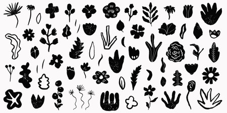 Set of trendy icons with leaves and flowers abstract shapes vector. Modern minimalist art. Flat creative design for posters or social media content.のイラスト素材